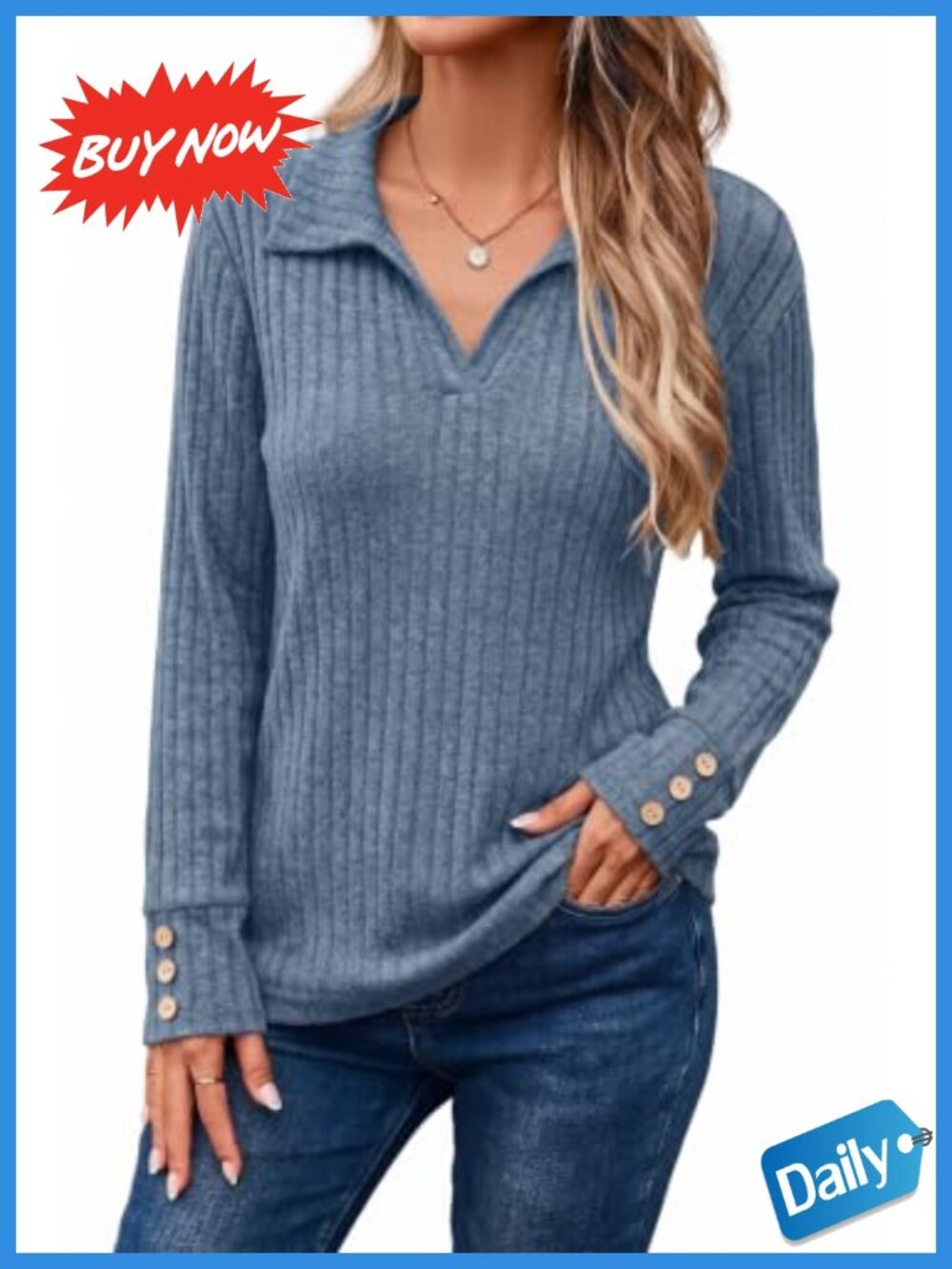 Women's Ribbed Long Sleeve Polo Collar V Neck Knit Sweater Business Casual